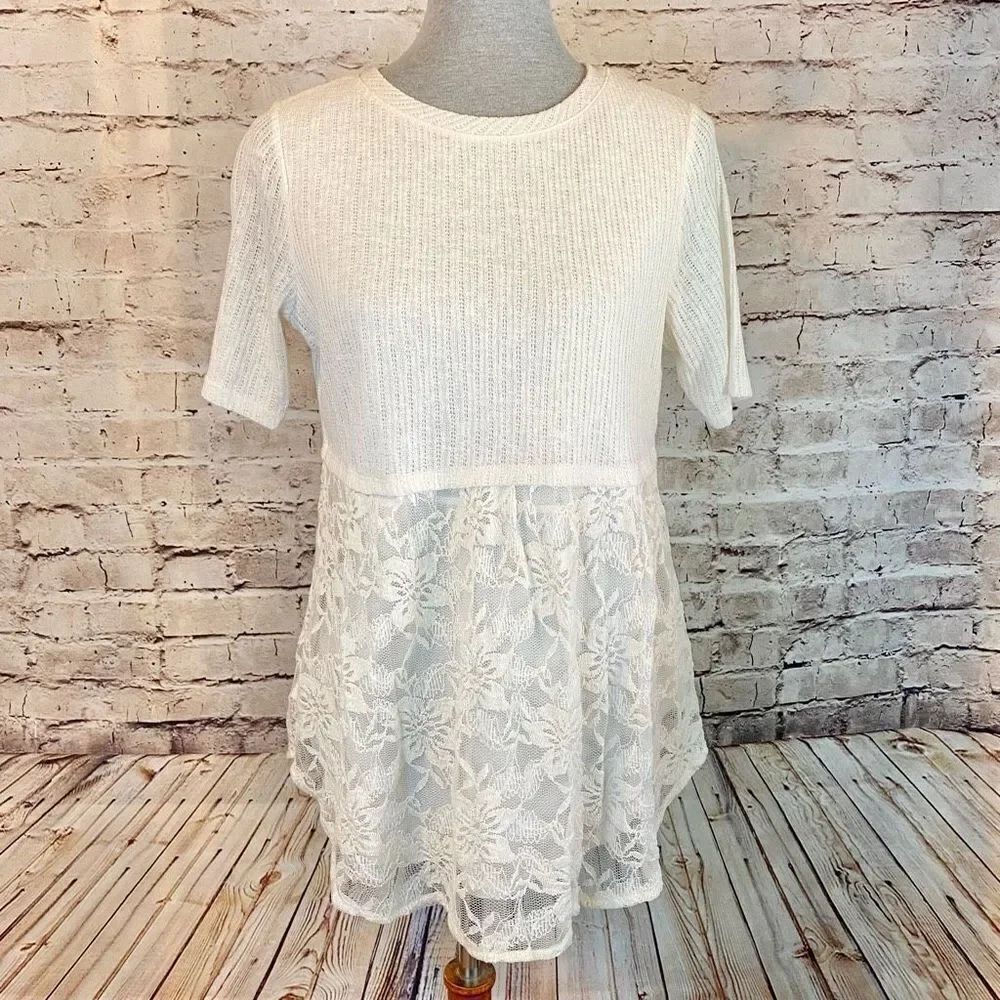 LC Lauren Conrad Lace Layered Babydoll Top Short Sleeve Cream Delicate Size S